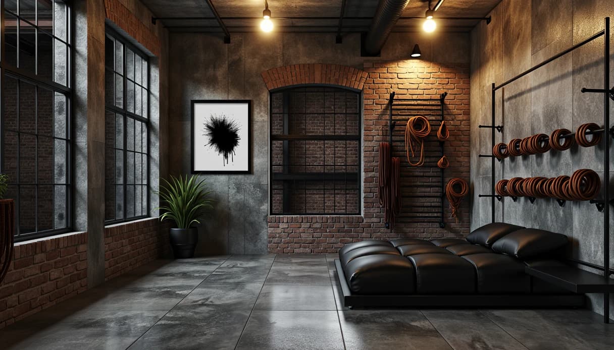 A concrete and brick loft with an arched window, coiled rope on wall racks and a low black leather daybed