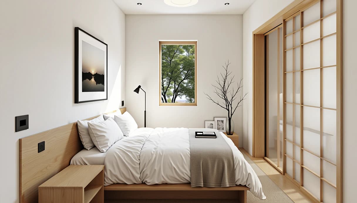 A small pale bedroom with an oak headboard, white bedding, a black floor lamp, a tall window and shoji sliding doors