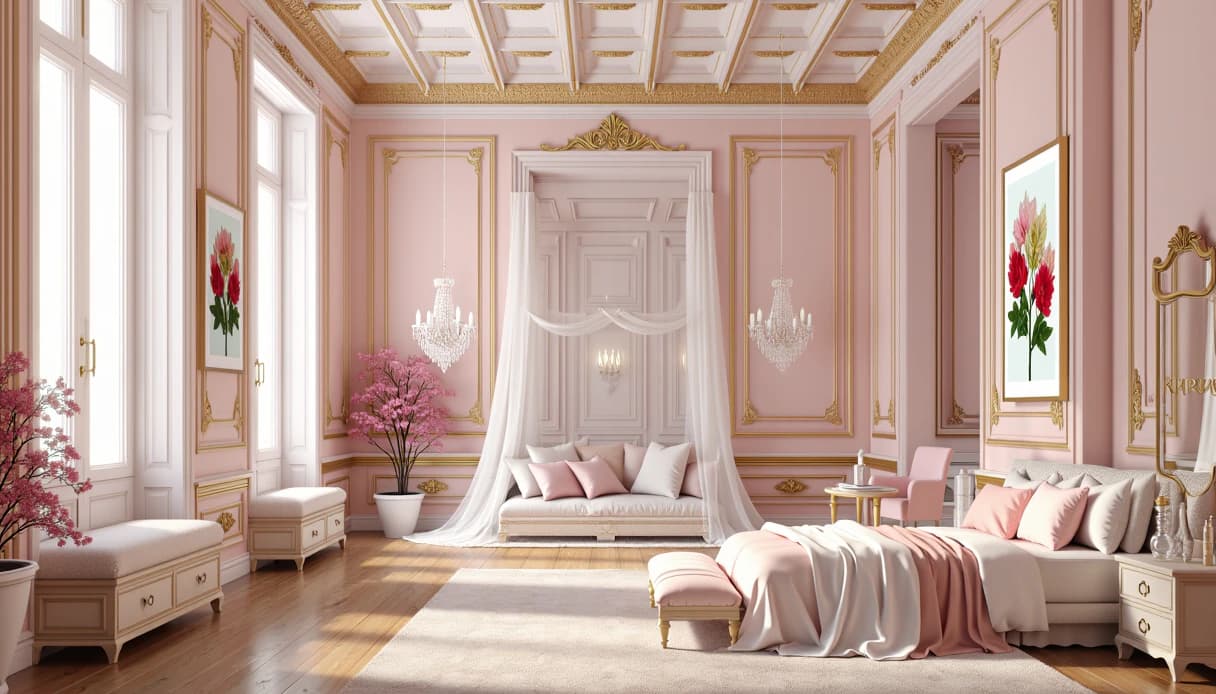 A blush canopy bed in a soft, salon-style boudoir