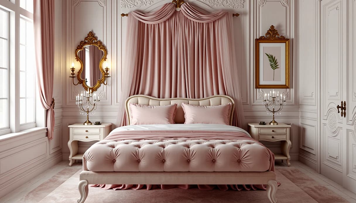 Parisian boudoir bedroom with blush paneled walls, a tufted bed, a draped pink canopy and gilt mirrors