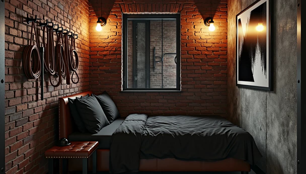 A small brick-walled bedroom with a leather headboard, dark bedding, two wall bulbs and coiled straps on hooks