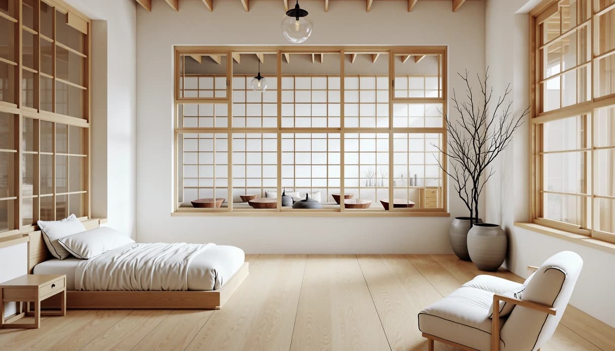 A Japandi bedroom from the Braise room library, shoji light & oak