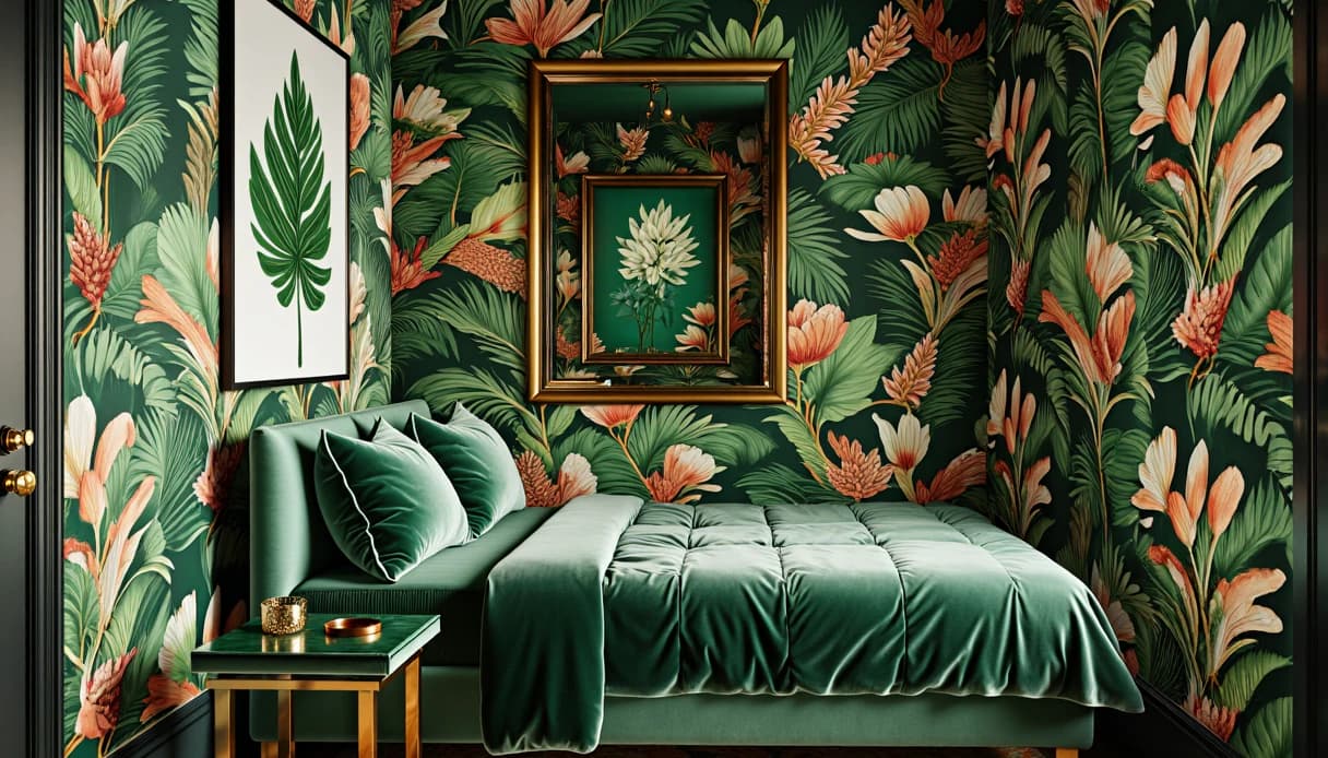 A small bedroom with tropical leaf wallpaper, a green velvet bed and a gold mirror