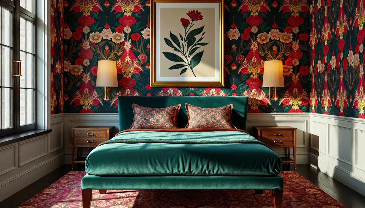 A teal velvet bed under a framed botanical print, with red floral wallpaper, brass sconces and a patterned rug