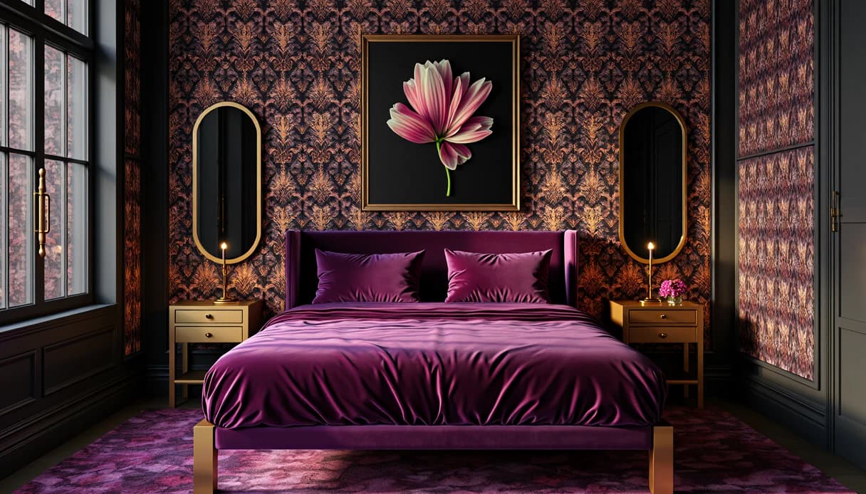 A plum velvet bed against copper damask wallpaper, with oval gold mirrors and lit candles on each nightstand
