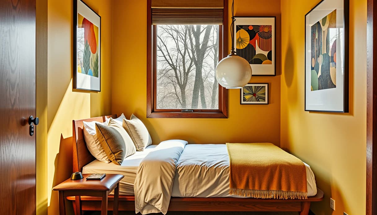 A small mustard yellow bedroom with a walnut bed, a globe pendant light and framed mid-century prints