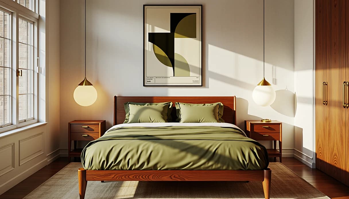 A walnut bed with olive green bedding between two brass globe pendants and an abstract print
