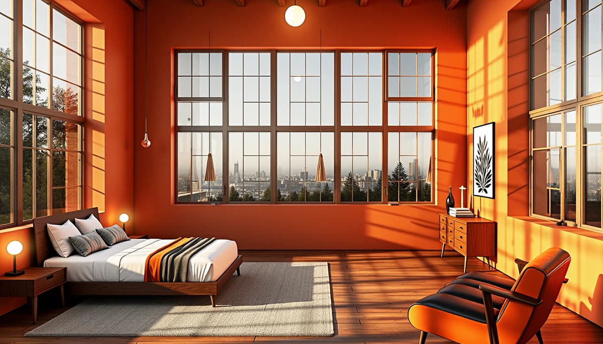 An orange loft bedroom with tall factory windows over a city, a low walnut bed and a leather lounge chair