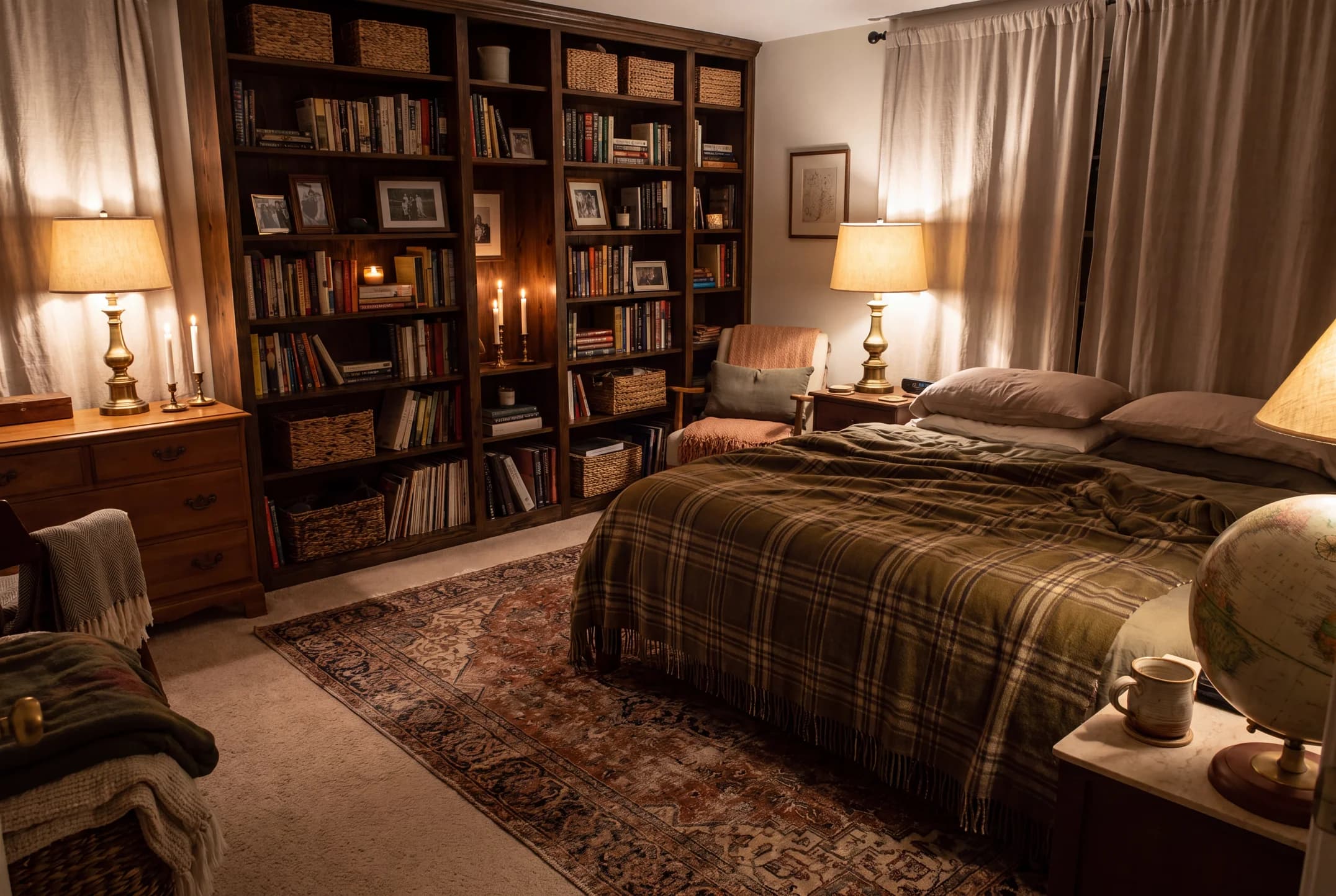 A bedroom with a plaid wool blanket, a wall of books and two warm lamps