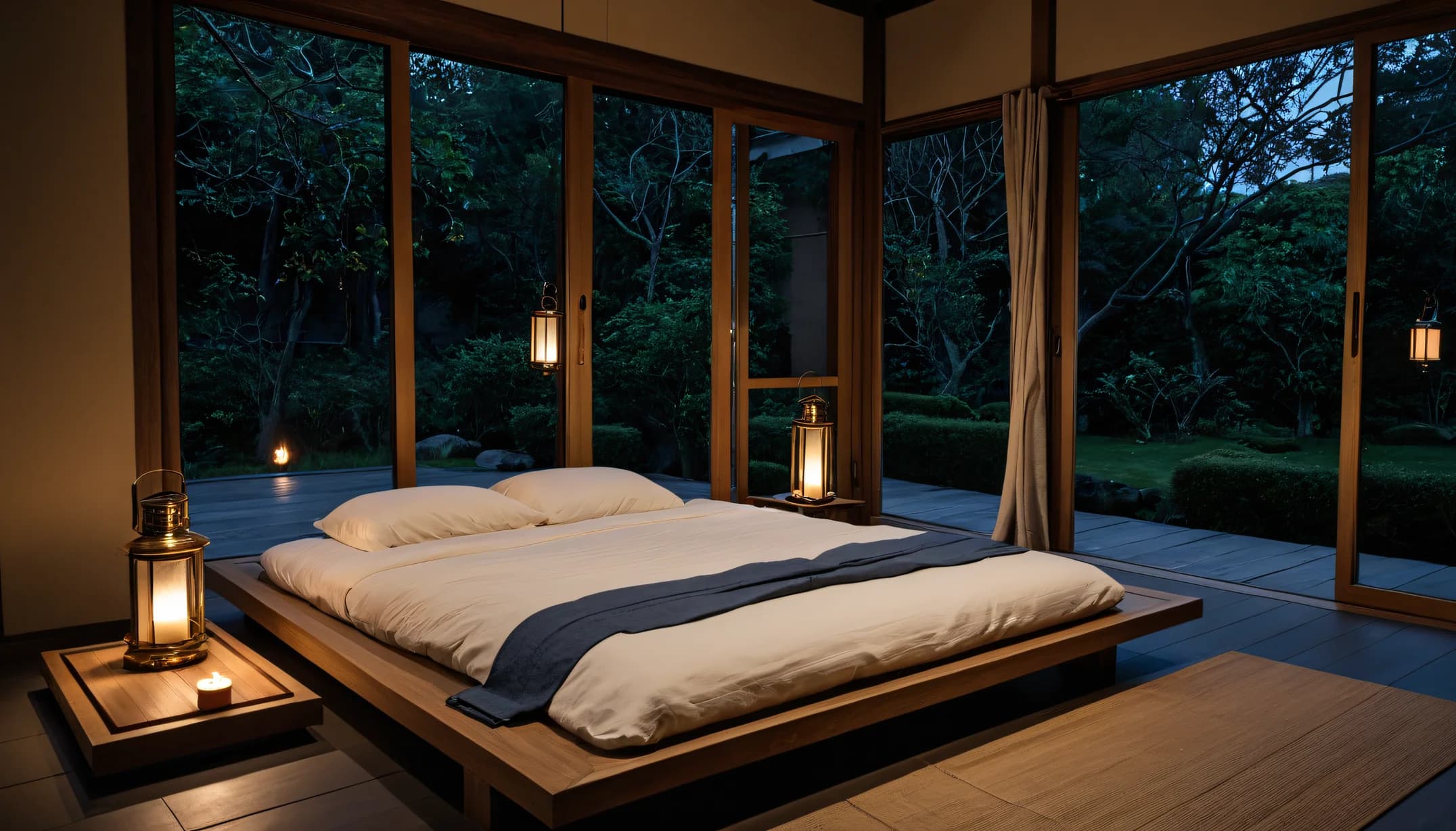 A Japandi bedroom with lanterns and garden at night