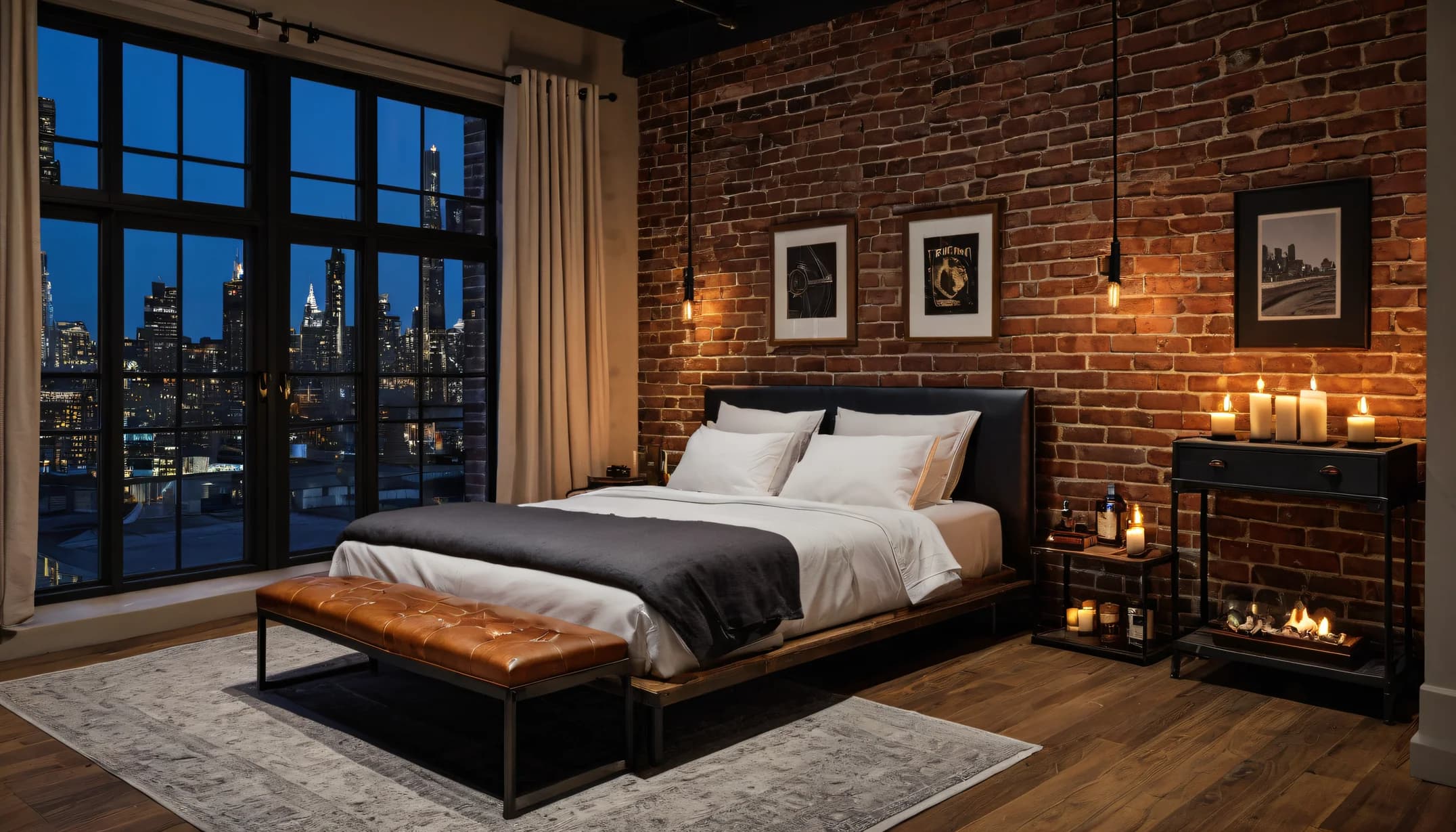 An Industrial Loft bedroom with brick, candles and skyline