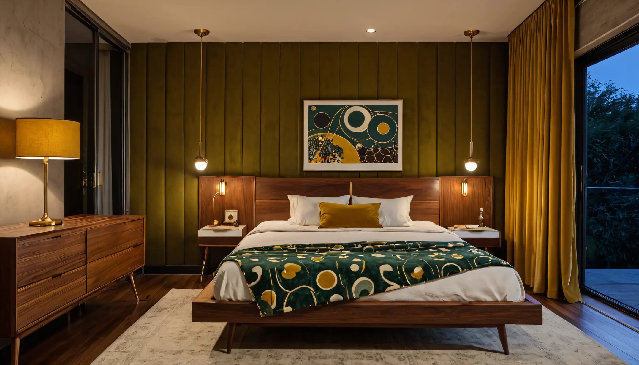 A Mid-Century Modern bedroom with olive walls and walnut