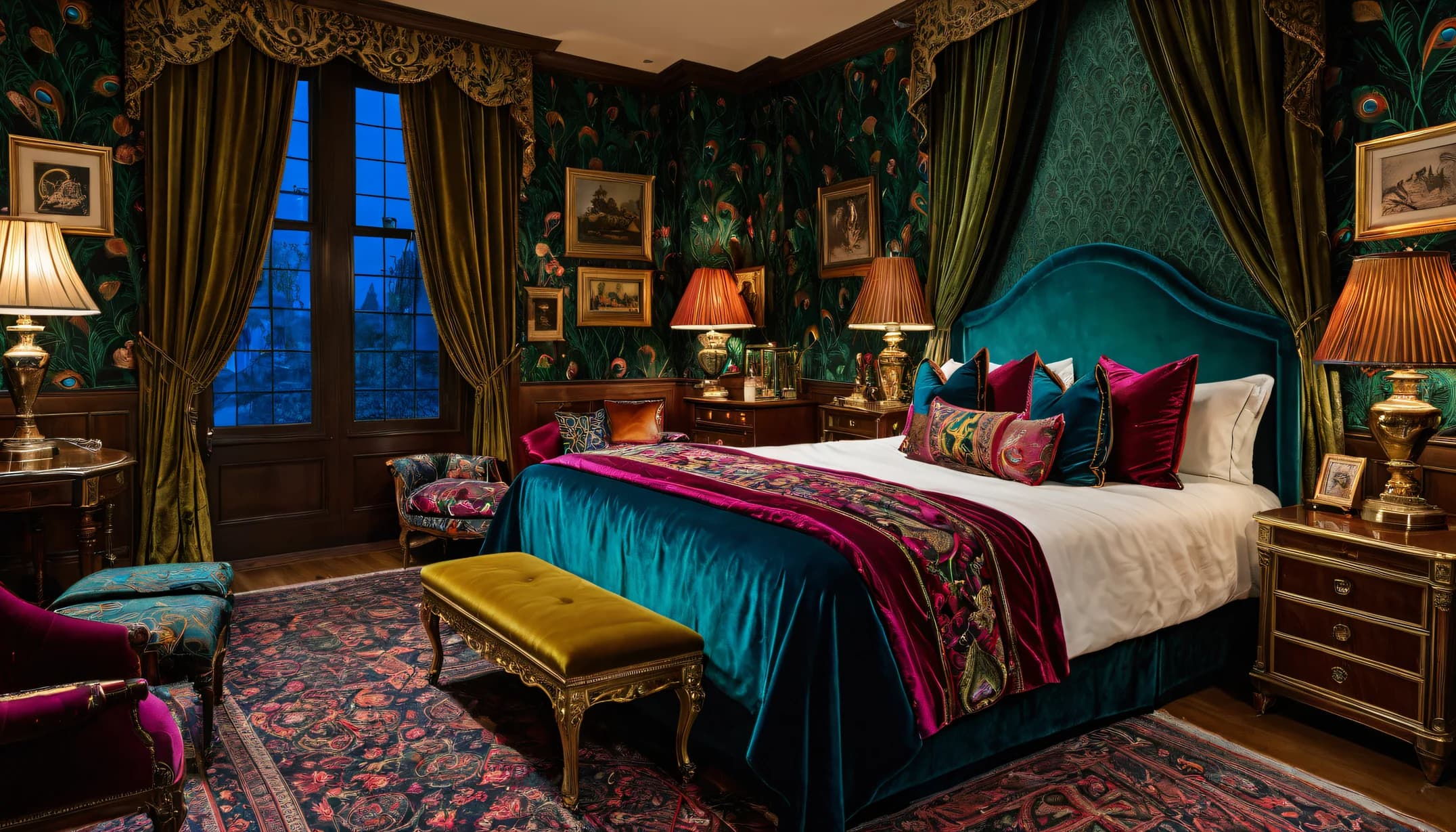 A maximalist bedroom in peacock velvet and layered pattern, glowing with lamplight