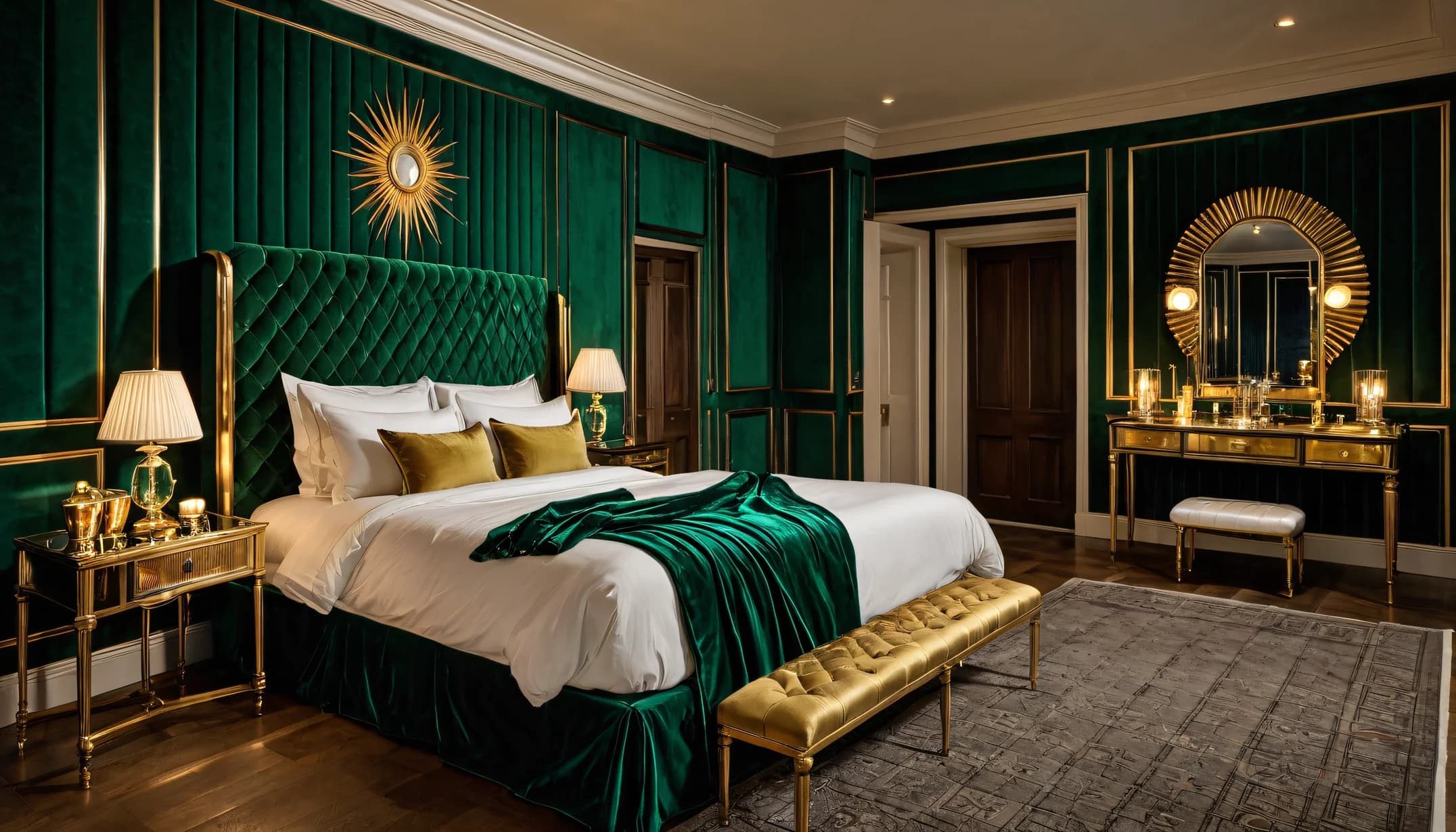 An Art Deco Glam bedroom with emerald velvet and sunburst