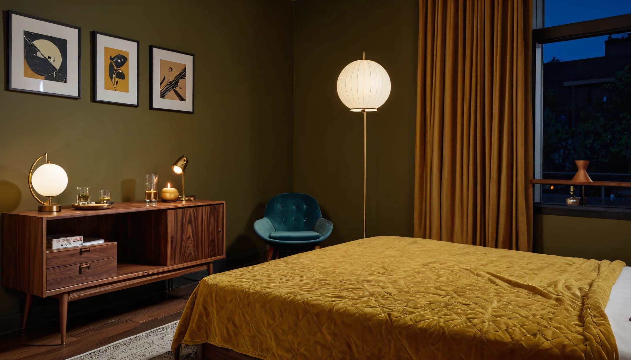 A mid-century modern bedroom with mustard velvet and a glowing globe lamp