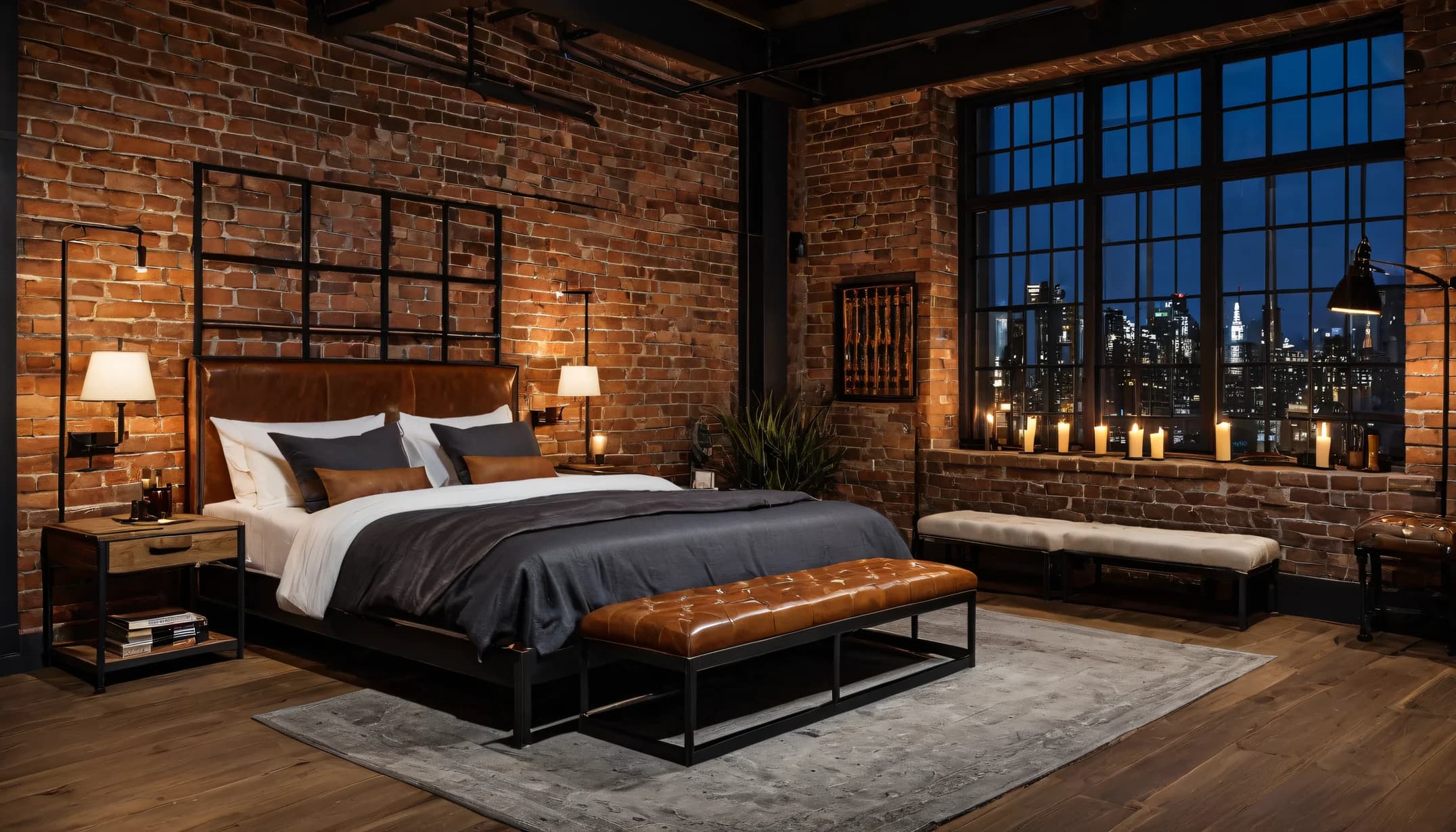 An Industrial Loft bedroom with steel bed and candlelight