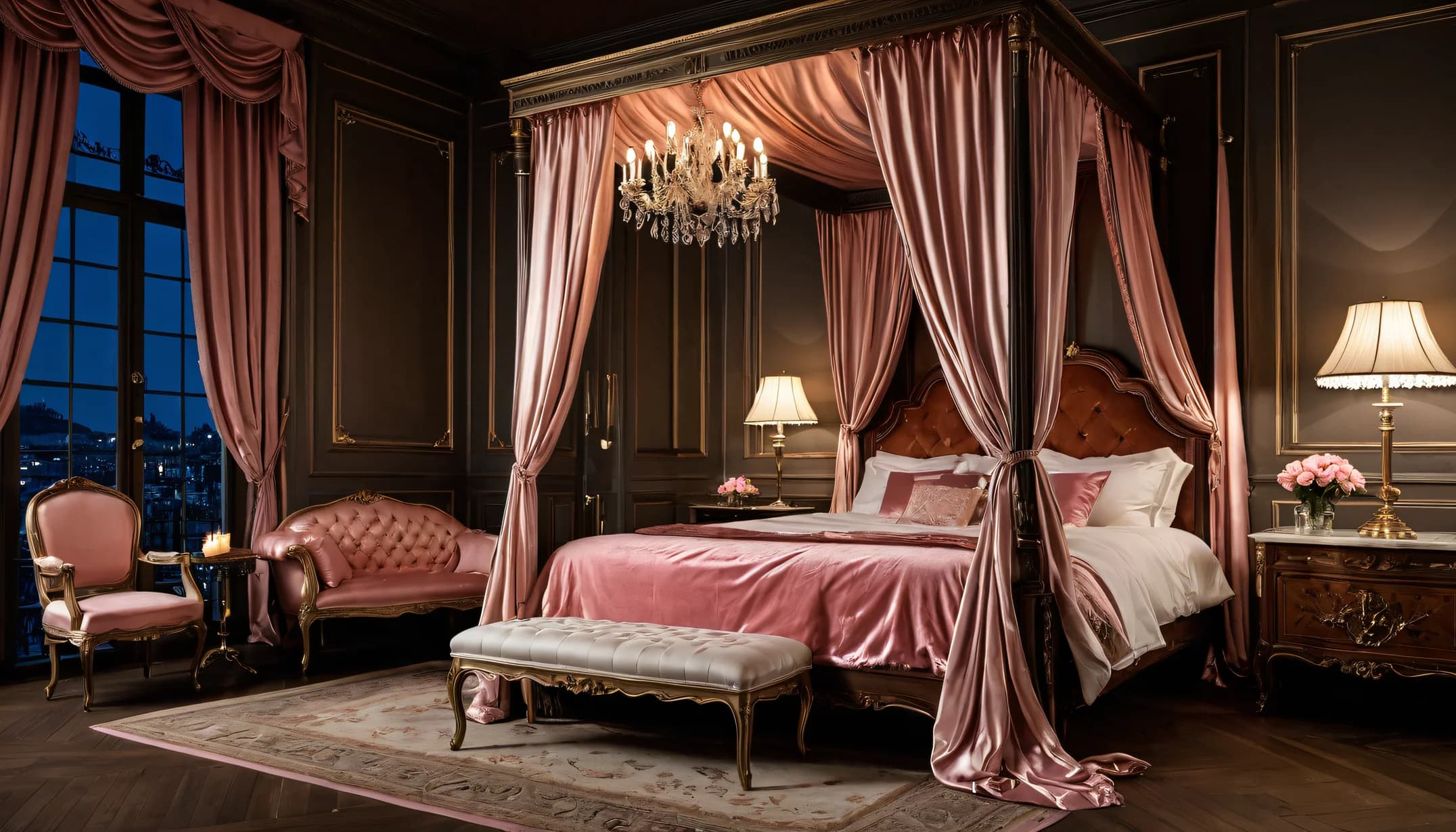 A Parisian boudoir bedroom in rose silk under a crystal chandelier, lit low at night