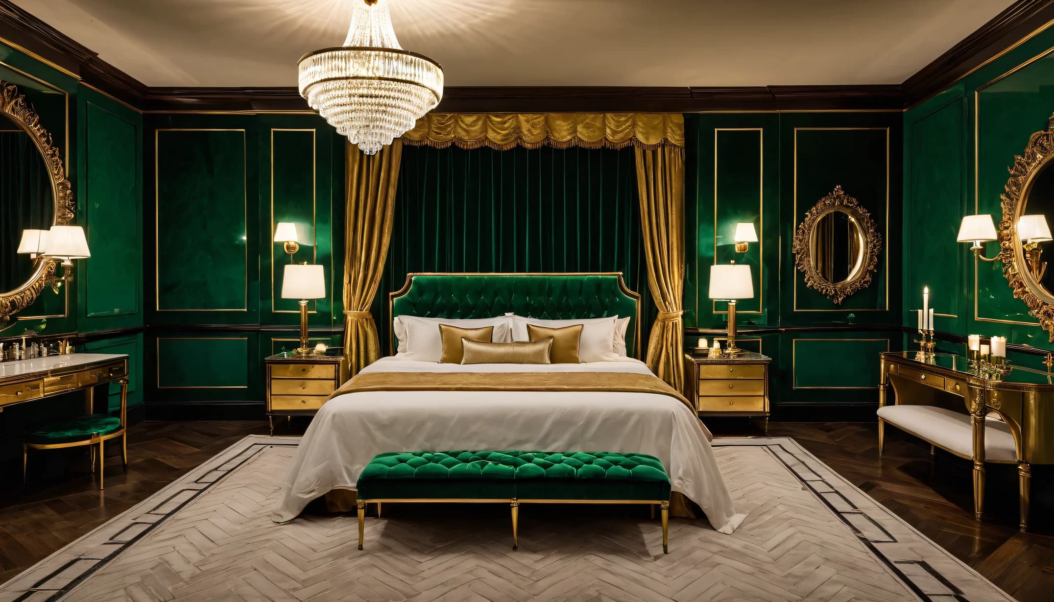 An Art Deco Glam bedroom with gold drapes and crystal
