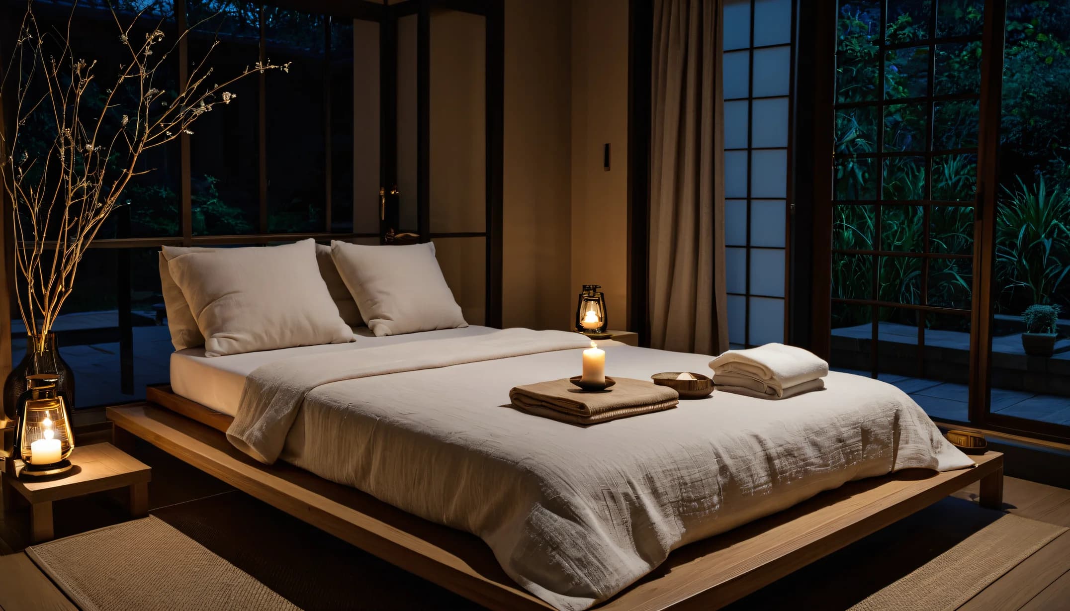 A Japandi bedroom with towels, tea tray and lantern