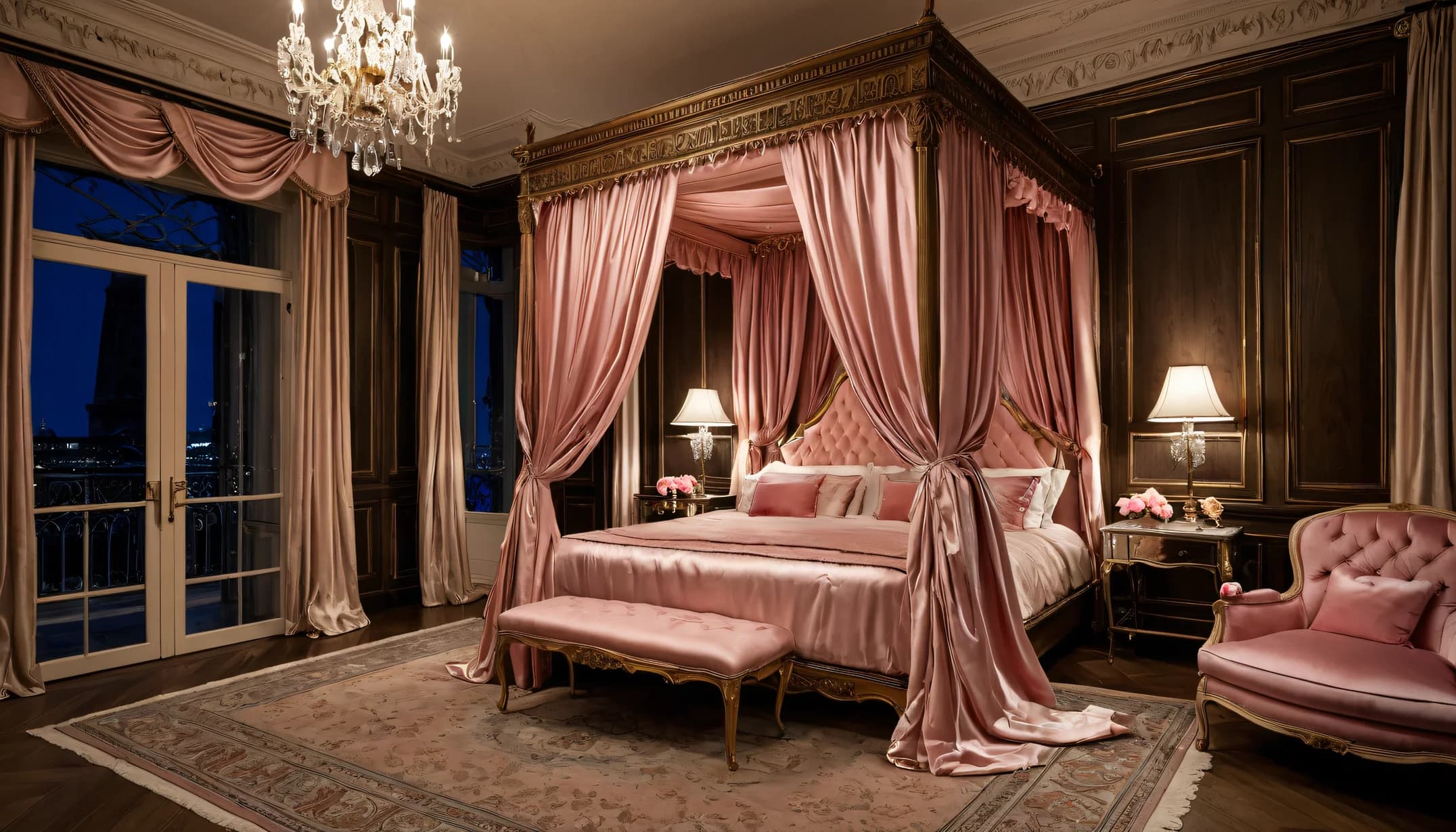A Parisian Boudoir bedroom with pink silk canopy and French doors