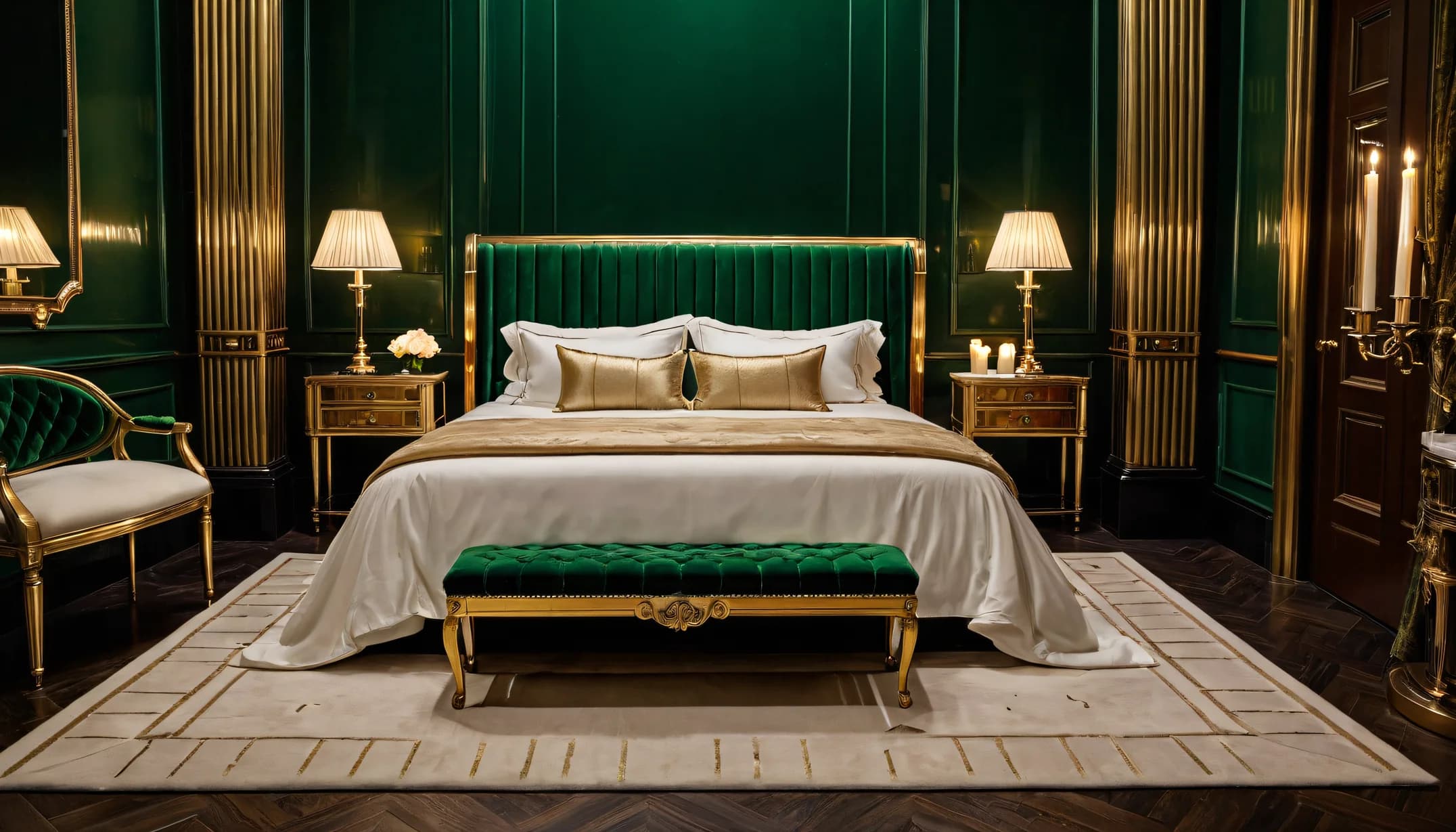 An Art Deco bedroom with emerald panels, brass details and a gold bench, lit for evening