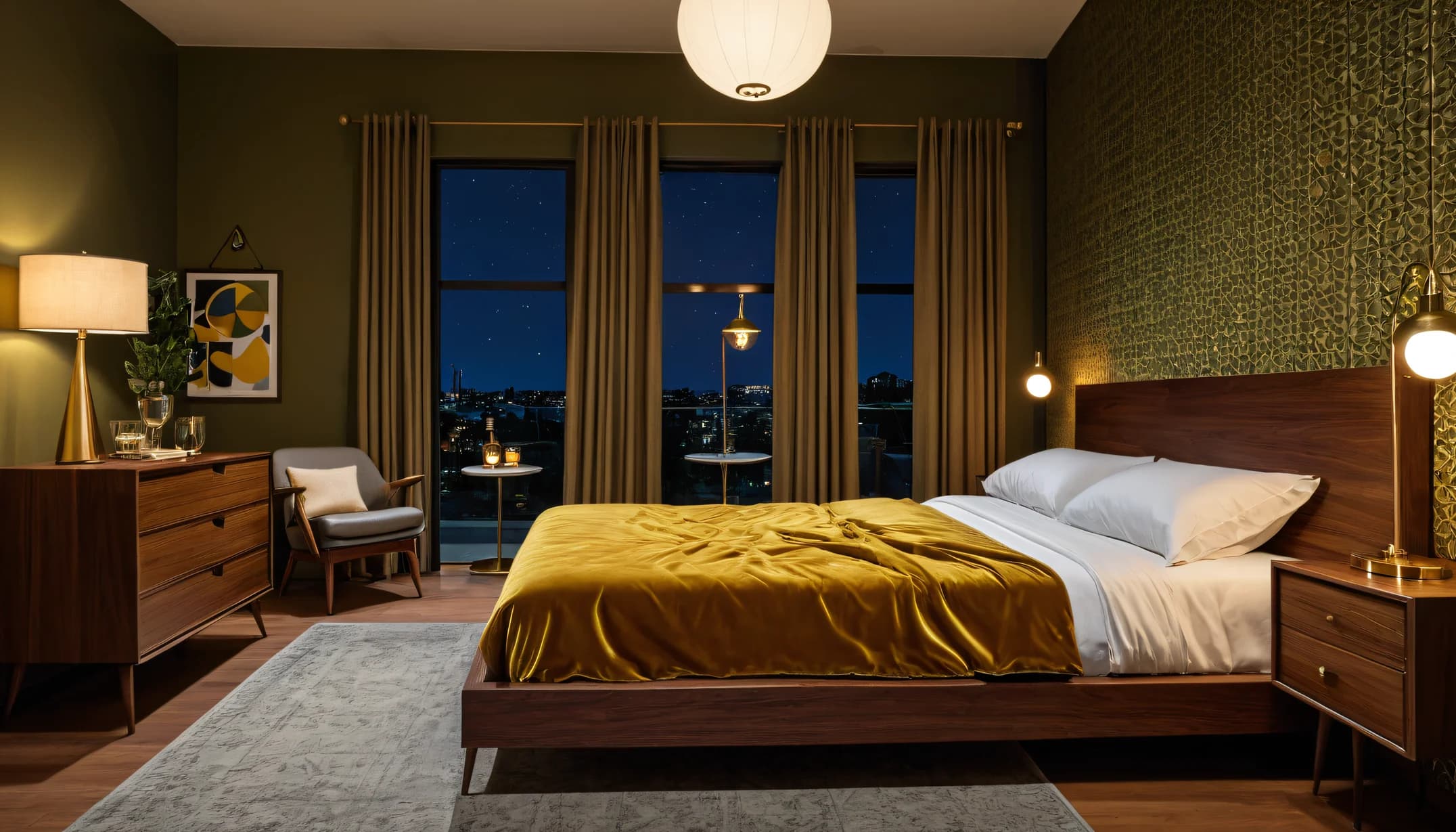 A mid-century bedroom with mustard velvet, walnut and a paper globe lamp