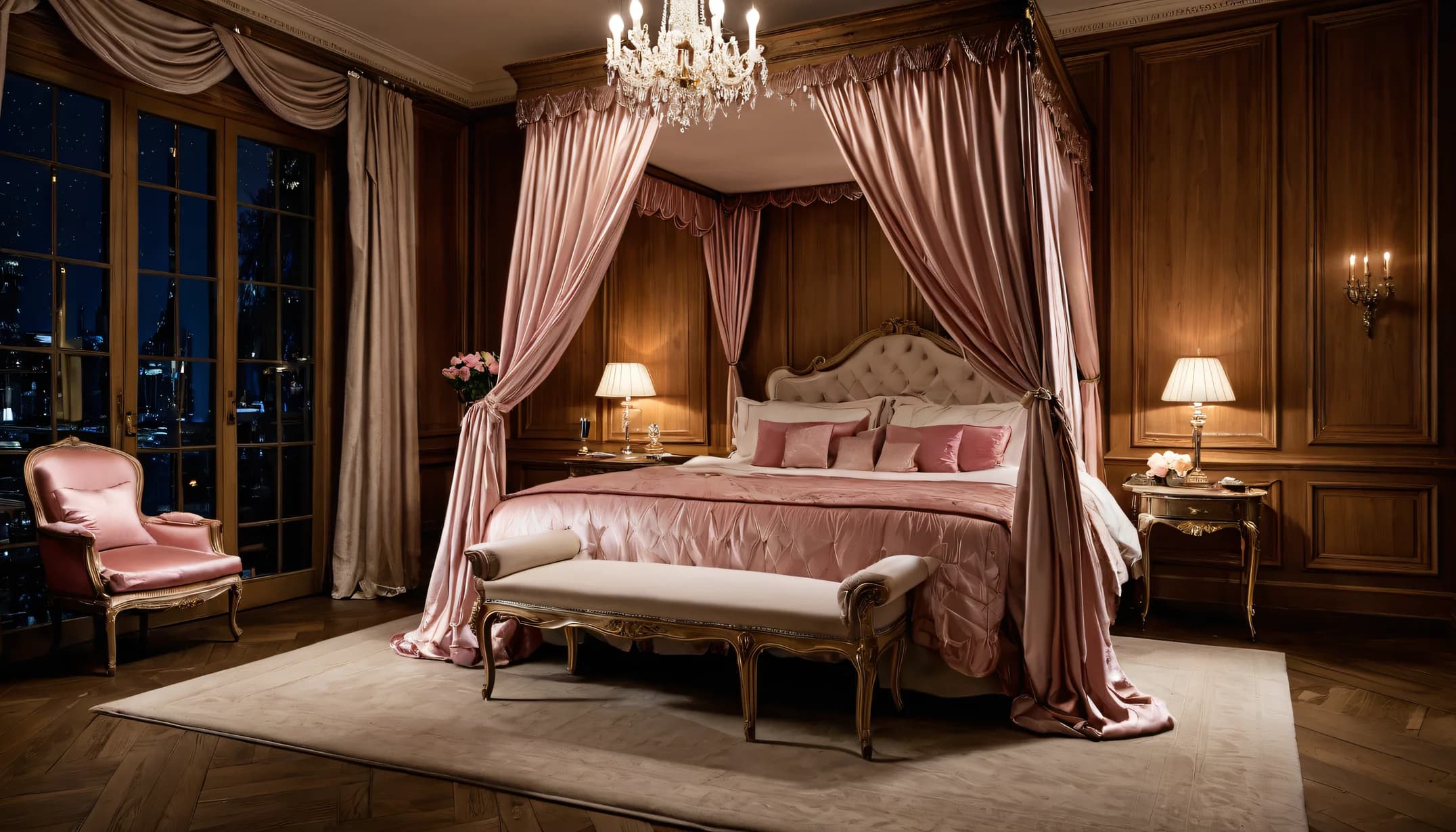 A Parisian Boudoir bedroom with blush canopy and city lights