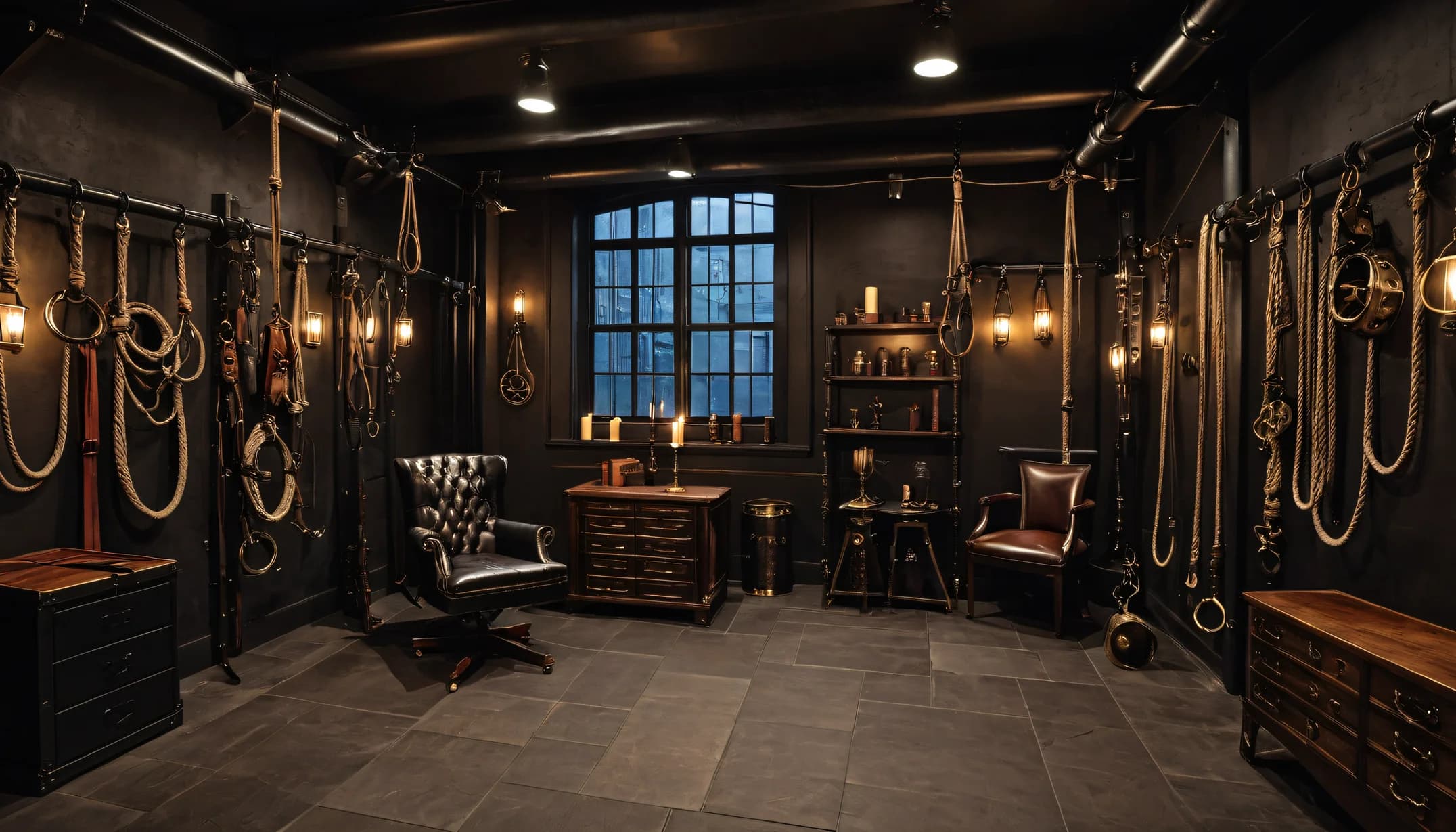 An Industrial Loft room with a rope wall and candlelight