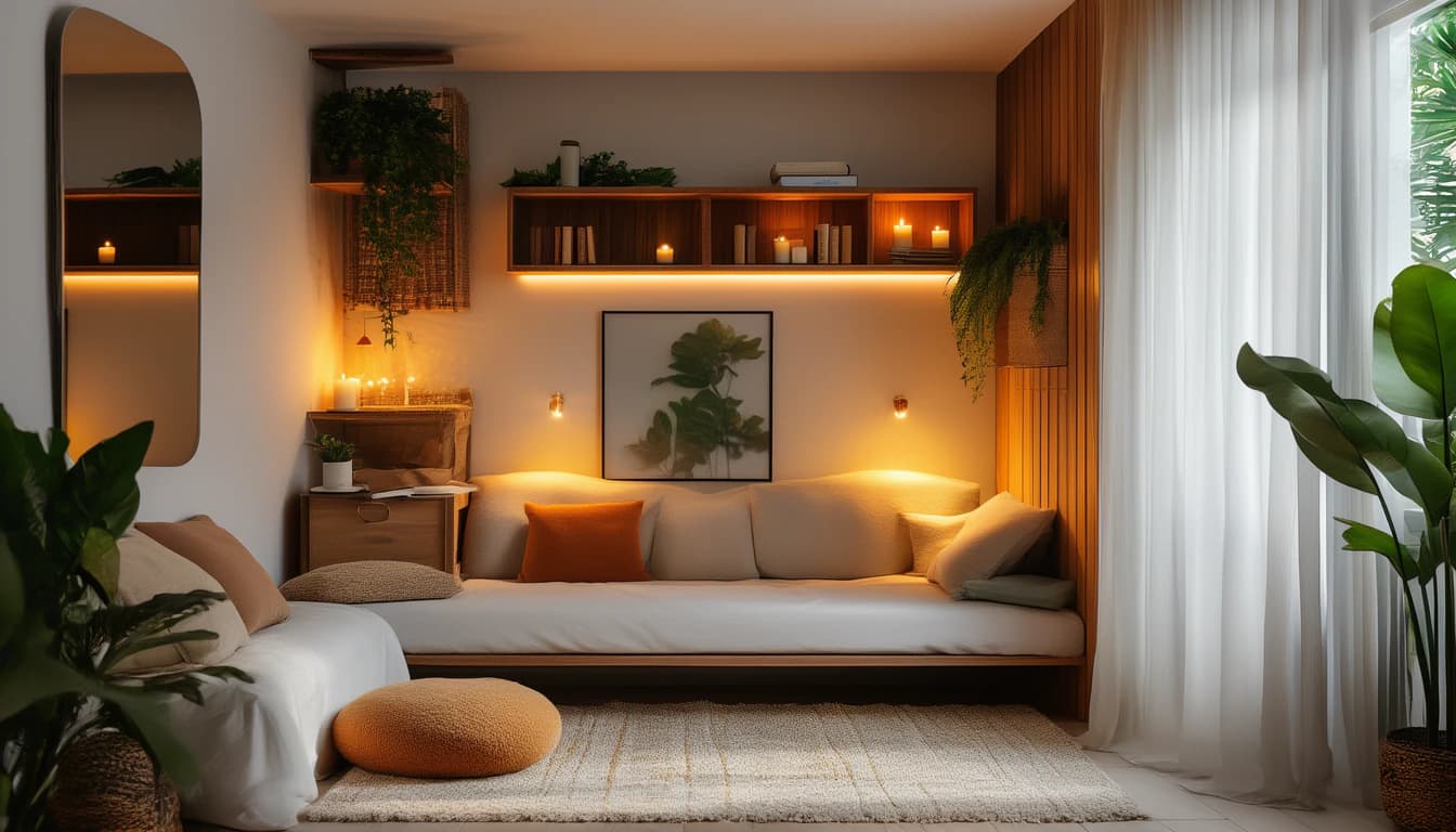 A cozy daybed in a warm, clay-toned room