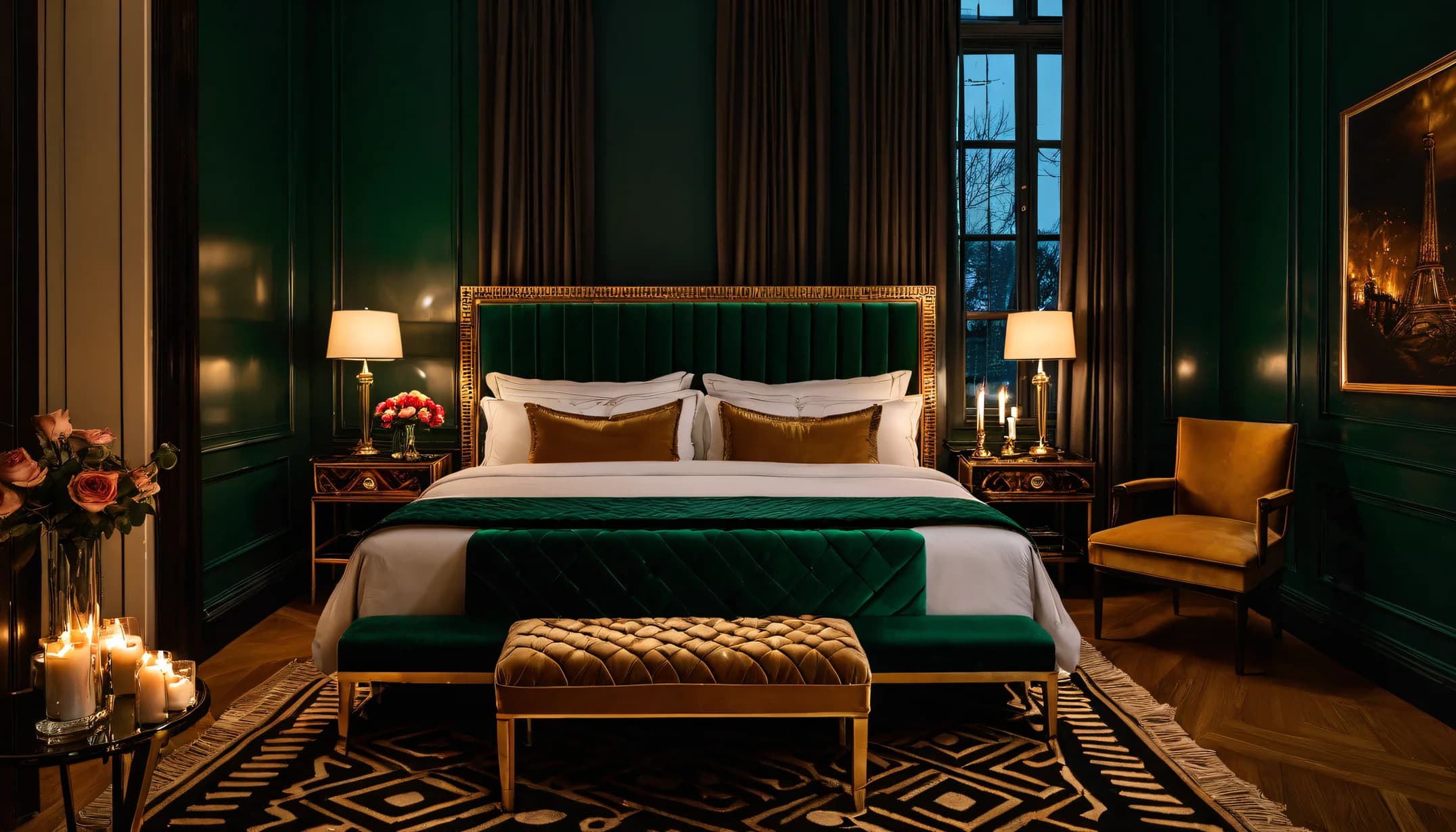 An Art Deco Glam bedroom with gold bench and tulips