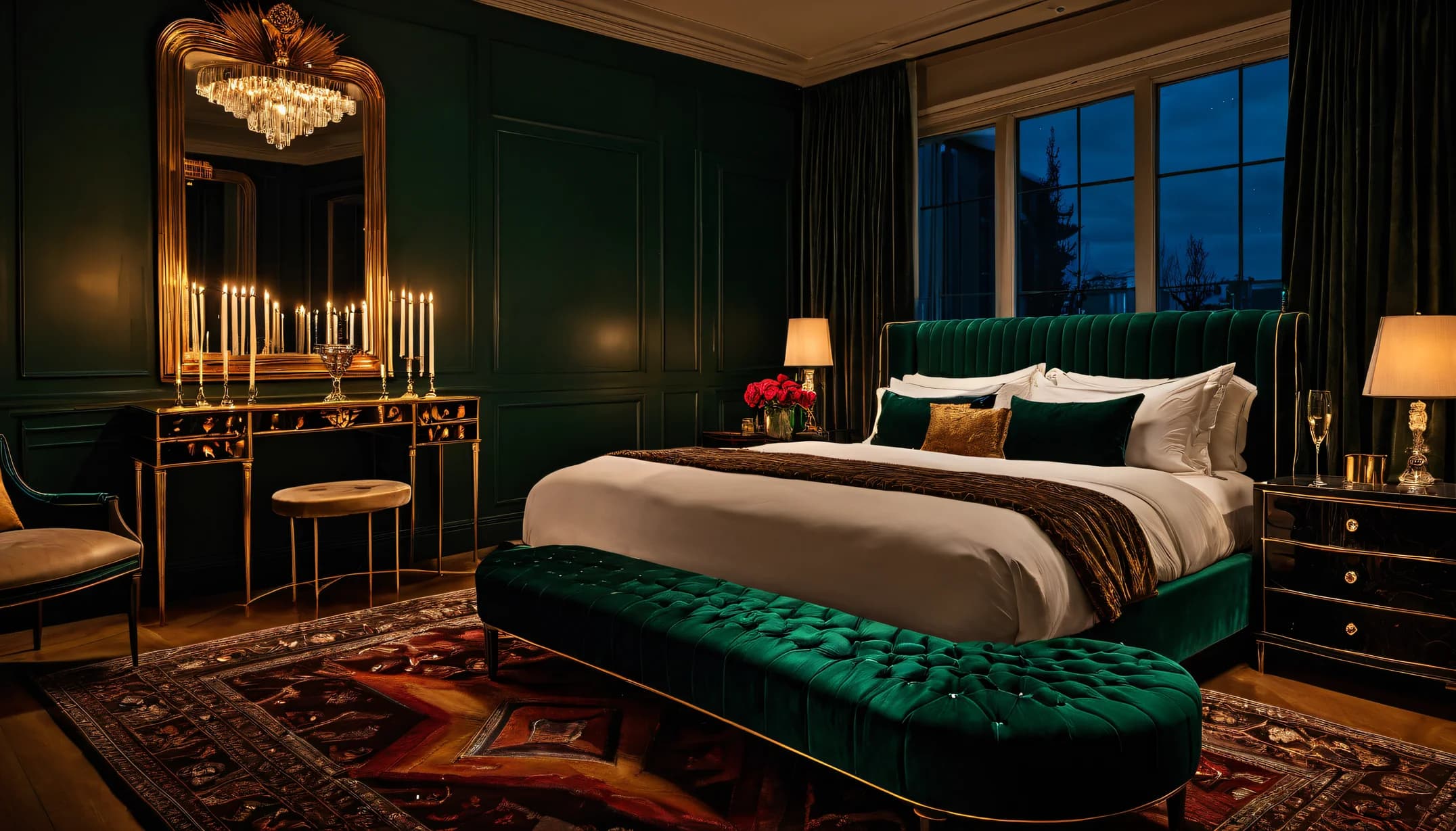 An Art Deco bedroom with a gilt vanity and candles glowing at night