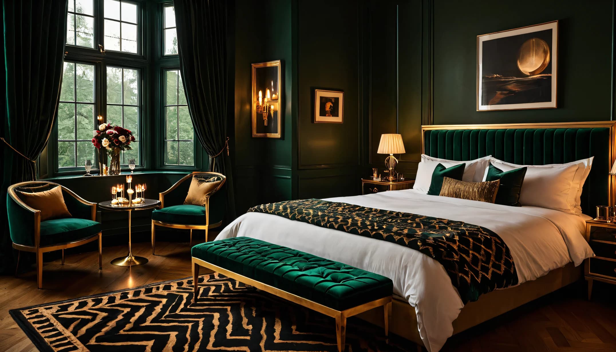 An Art Deco Glam bedroom with chevron rug and bay window