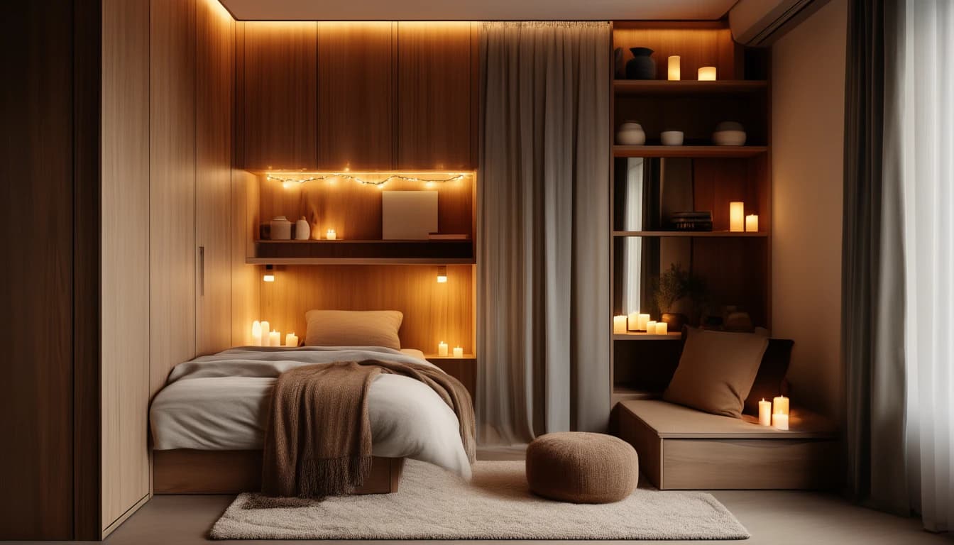 A small oak alcove bed lit by candlelight