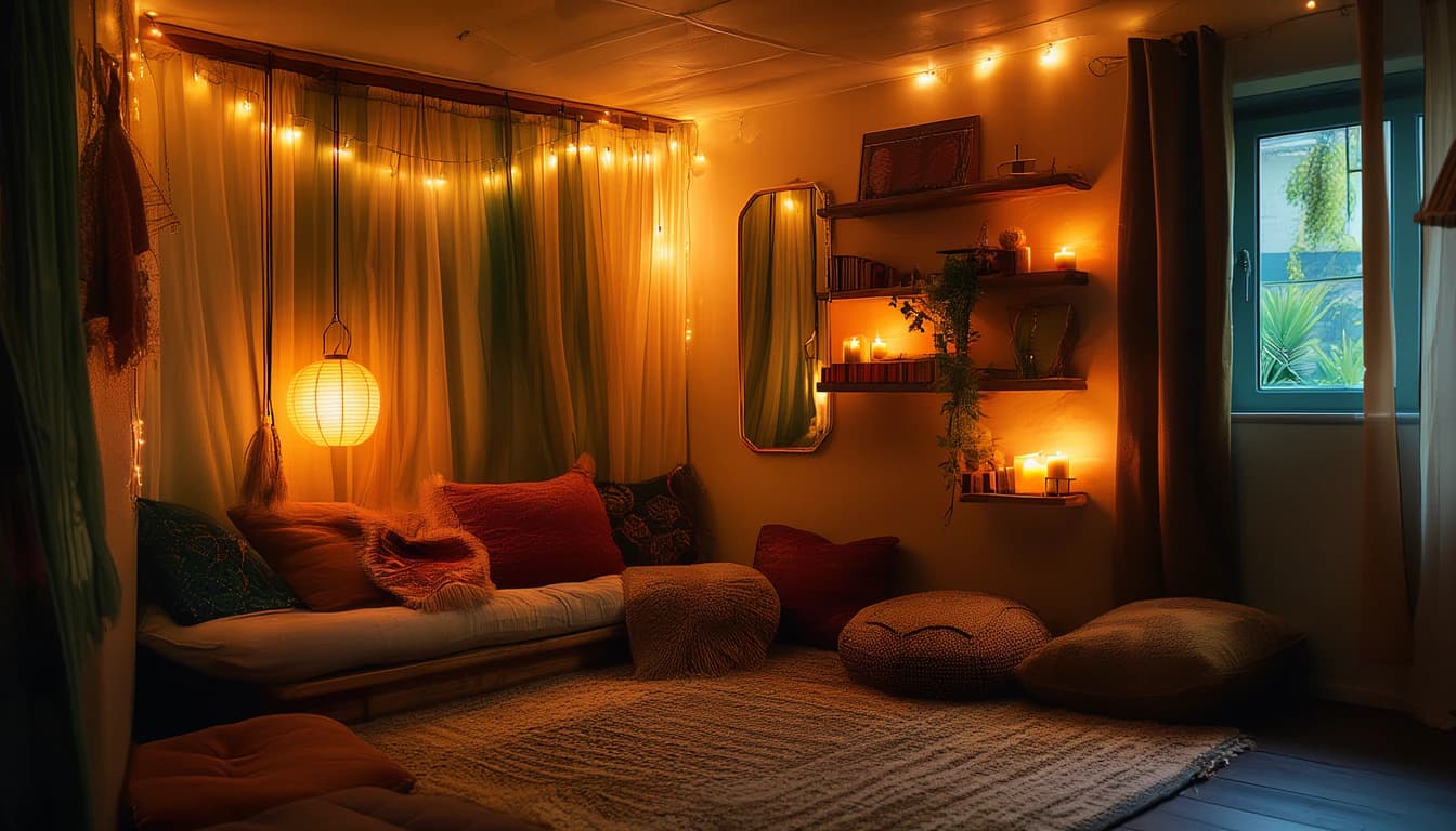 A maximalist room with floor cushions and glowing lanterns