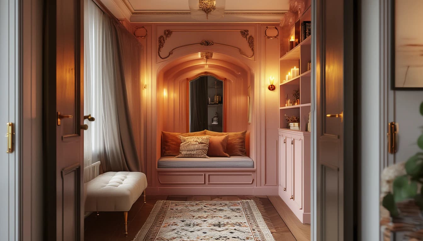 A small blush bedroom nook under an arched alcove, lit low