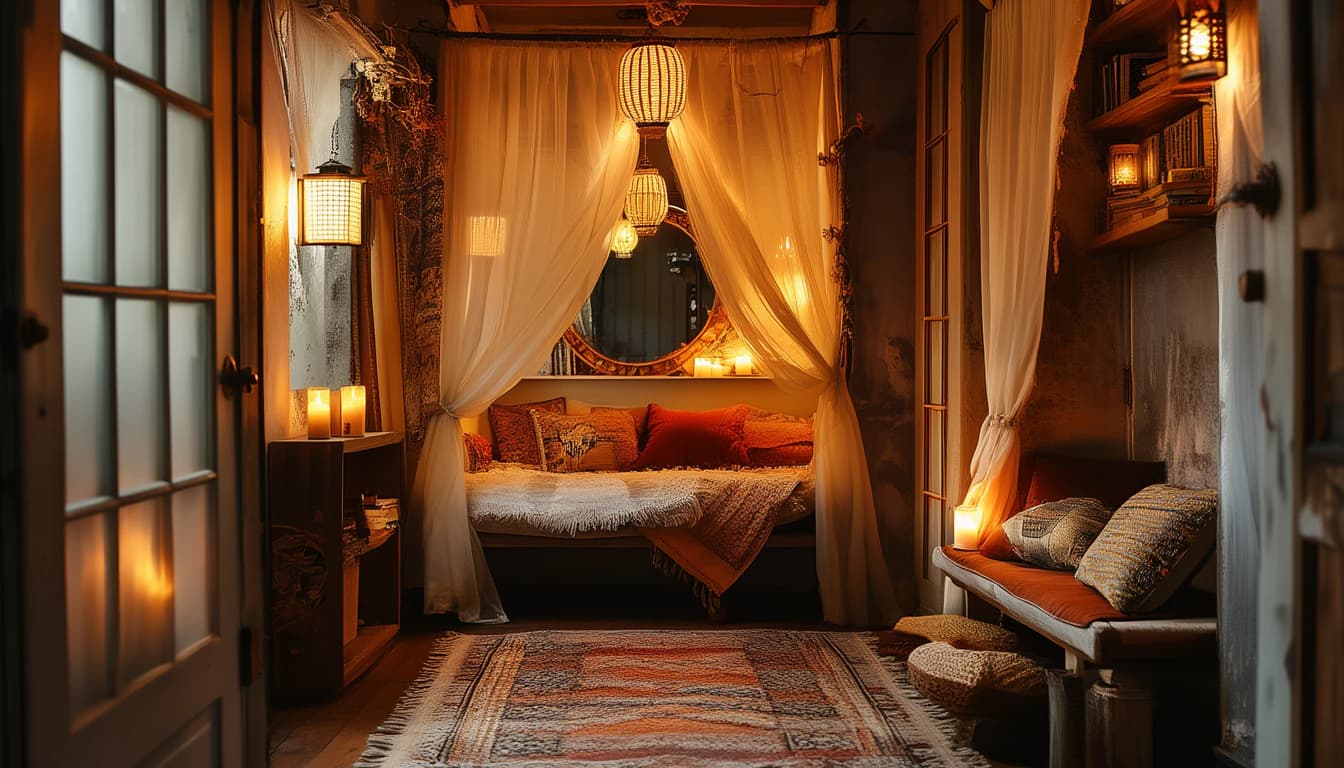 A Parisian Boudoir bedroom from the Braise room library, sheer canopy & lanterns
