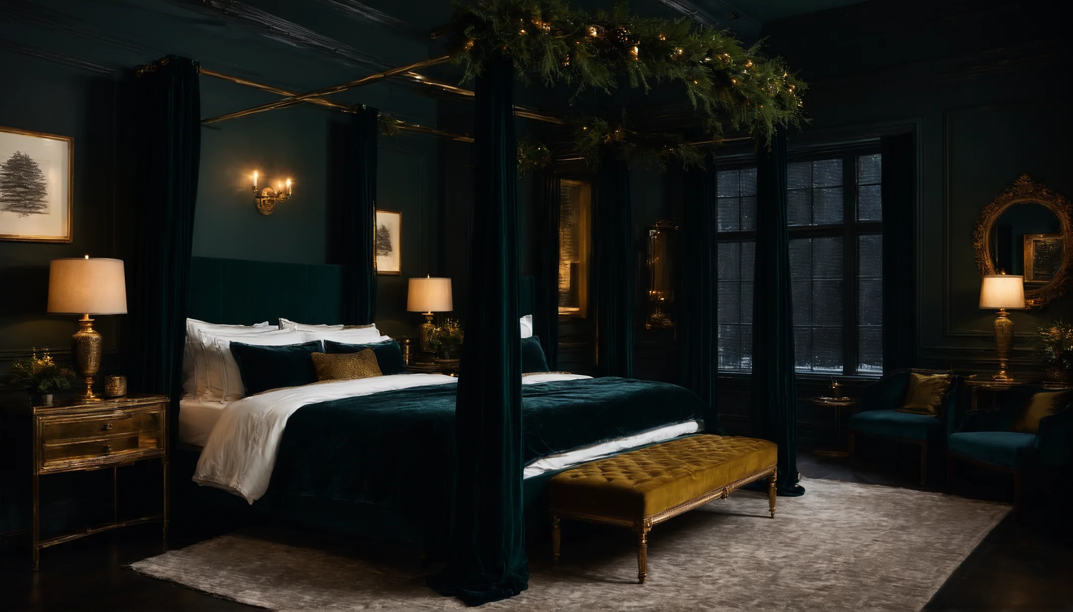 A deep green bedroom at night with a velvet four-poster dressed in garland and tiny lights, a gold velvet bench, and brass lamps