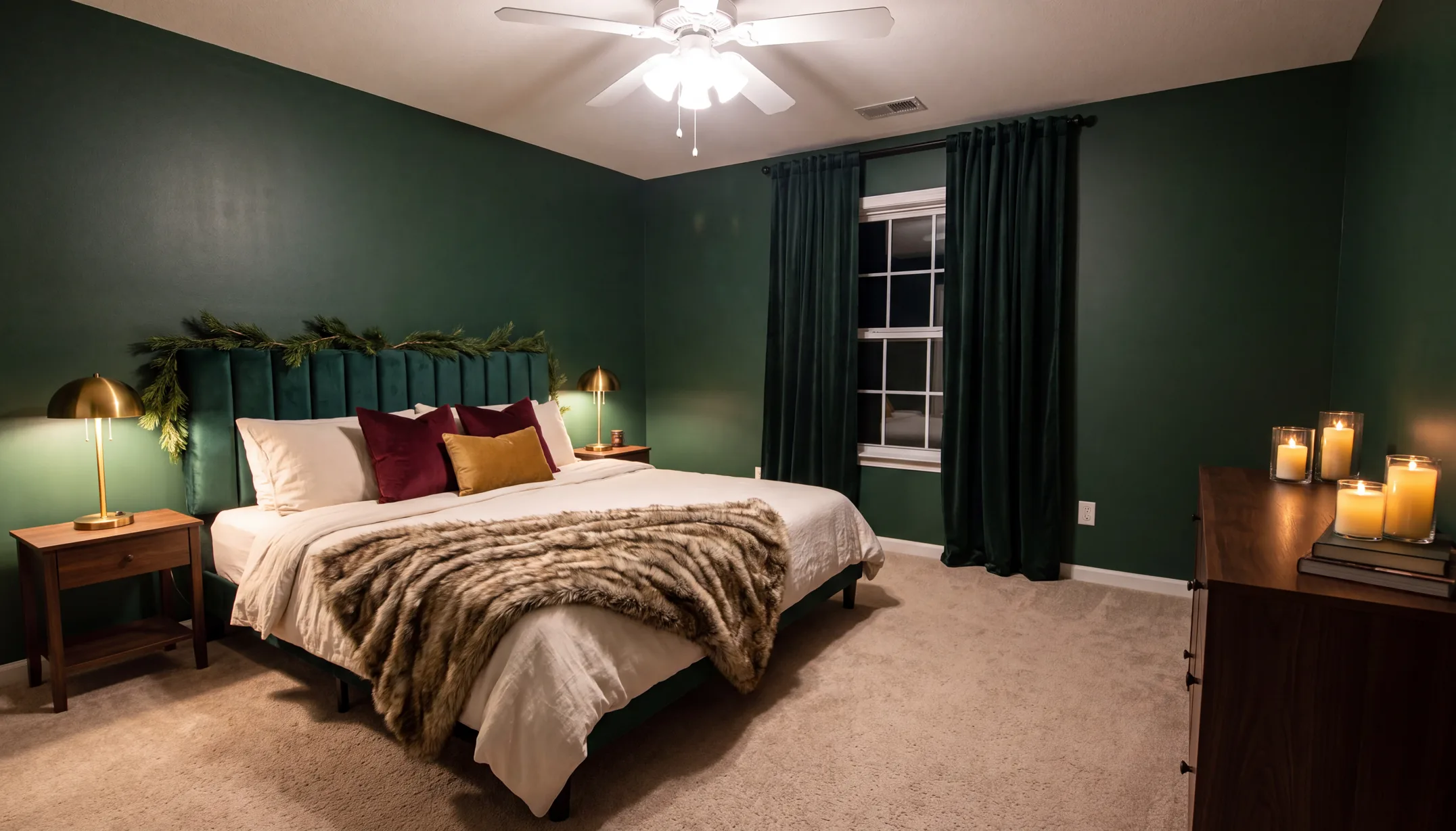 A green bedroom at night with velvet curtains, a fur throw and a pine garland on the headboard