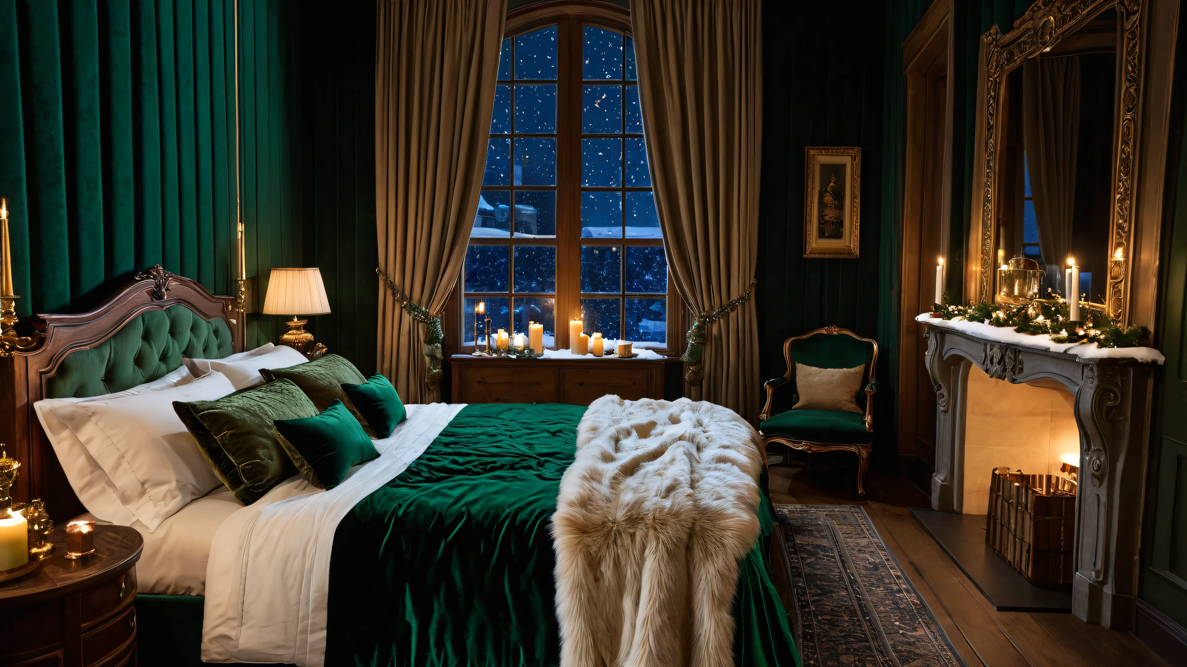 Holiday bedroom at night: green velvet bedding with a faux-fur throw, garland and candles on the mantel, a fire, and snow at the window