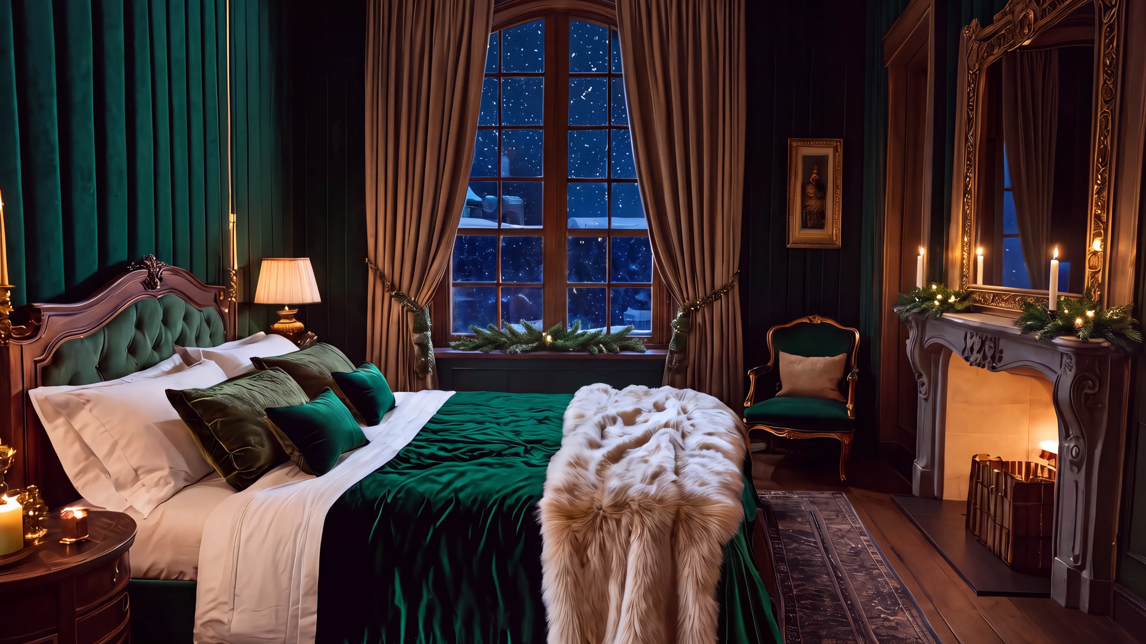 A green velvet bedroom by candlelight with gold accents and a pine garland
