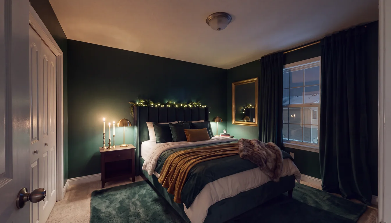 An ordinary bedroom before, and the same room in Velvet Holiday at night (after)