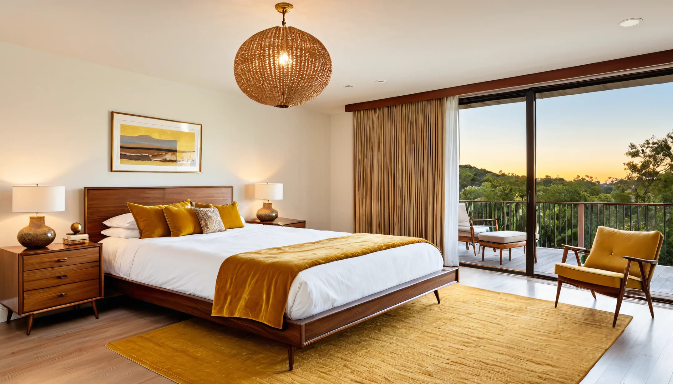 A Mid-Century Modern bedroom from the Braise room library, walnut & balcony sunset