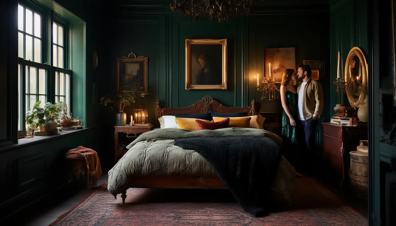 Library bedroom with deep green paneled walls, gilt-framed paintings, a carved wood bed and warm lamplight