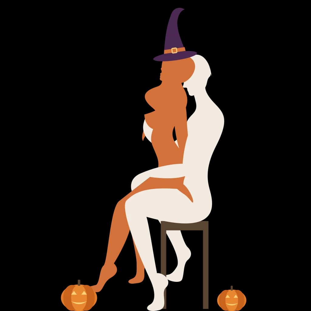 Reverse in the Chair, with a witch's hat and jack-o'-lanterns