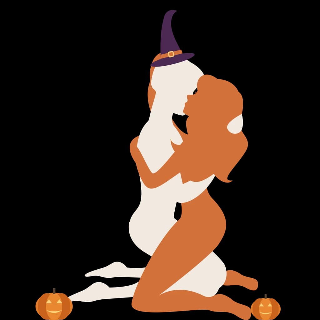 Kneeling Embrace, with a witch's hat and jack-o'-lanterns