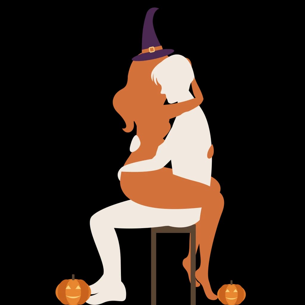 Facing, on the Lap, with a witch's hat and jack-o'-lanterns