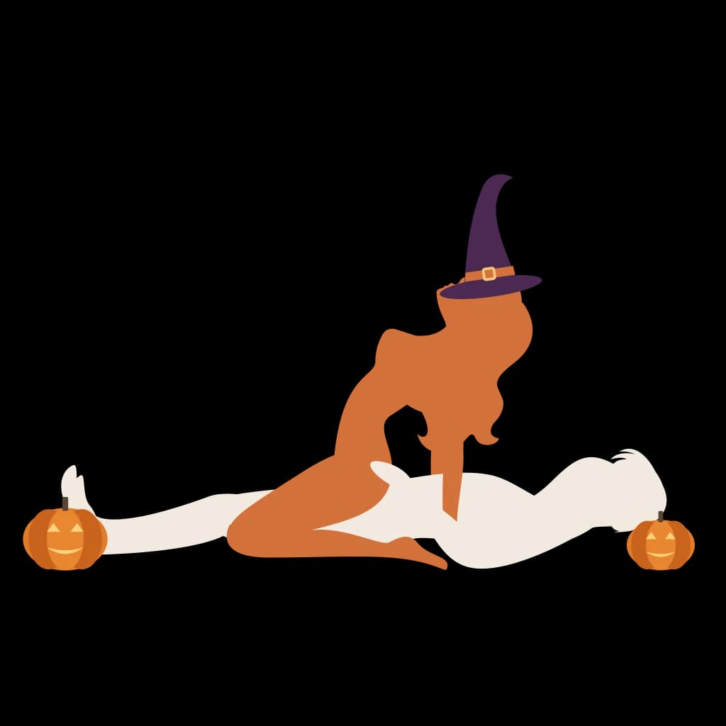 Reverse Cowgirl, with a witch's hat and jack-o'-lanterns