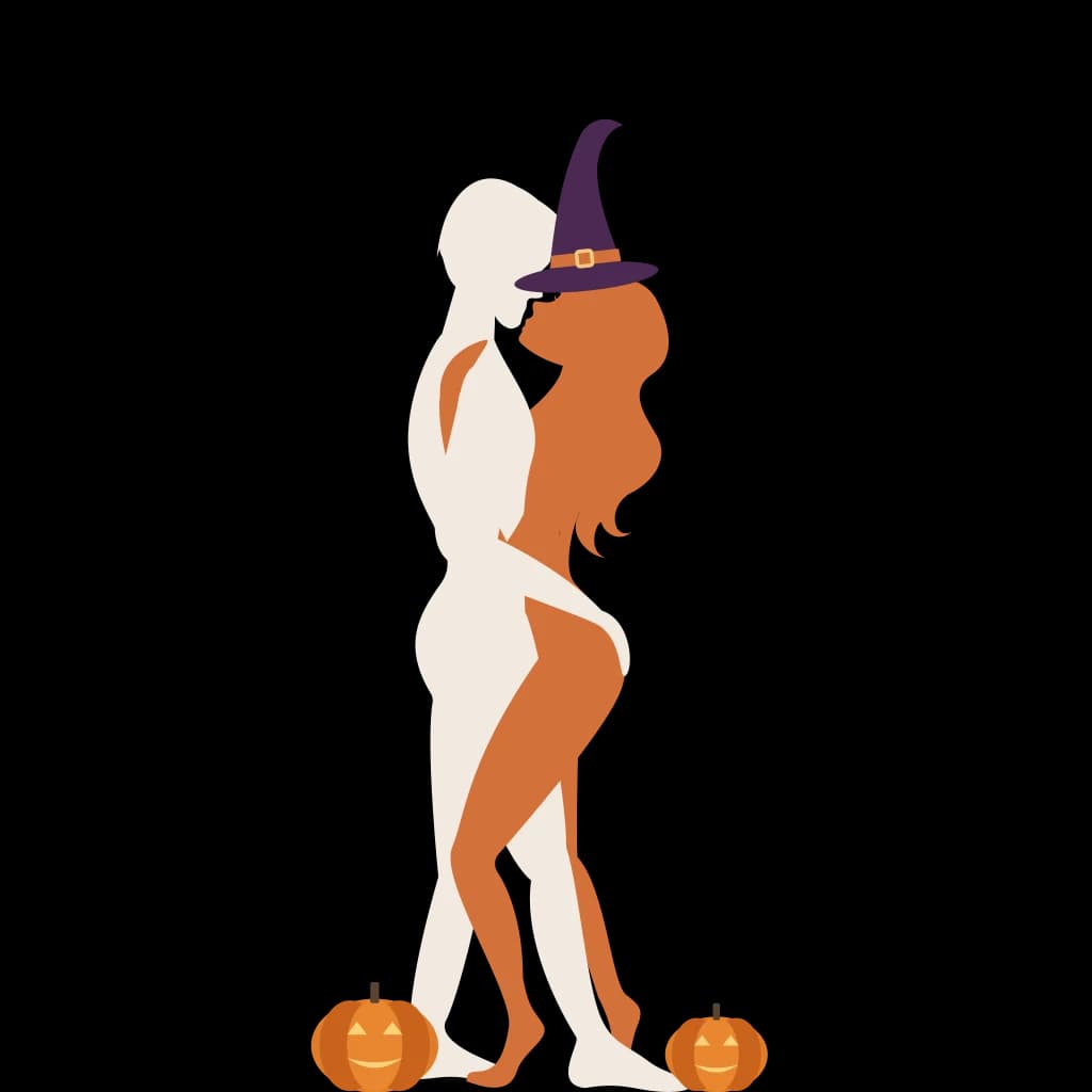 Standing, Face to Face, with a witch's hat and jack-o'-lanterns
