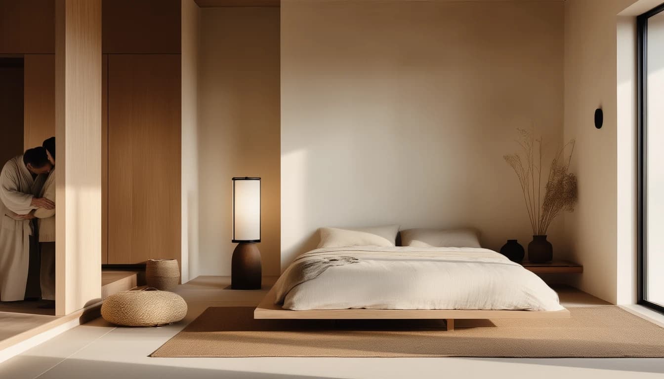 A Japandi bedroom at night